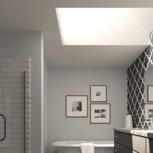 Installed Velux residential skylight in bathroom